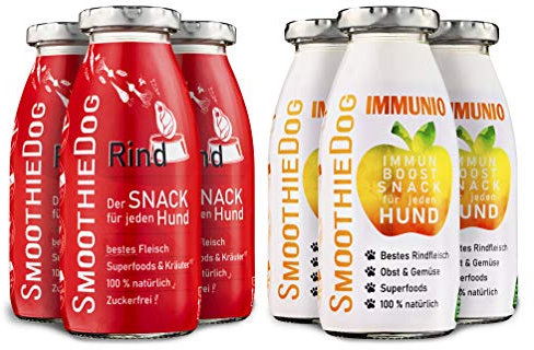 SmoothieDog Hundesmoothie 6er Pack - 3X Rind, 3X Immunio - Natürlicher Hundesnack für alle Hunde, mit Muskelfleisch vom Rind, 100% Gluten- und zuckerfrei, 6X 250 ml