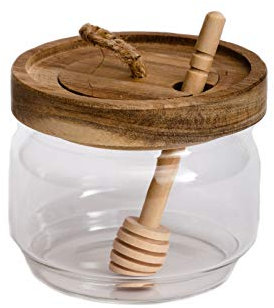 Dstuff Honiggläser, Glashalter, Spender mit Holzlöffel und Akaziendeckel-Abdeckung für Zuhause, Küche, transparent, 255 ml, Honigbehälter für die Aufbewahrung