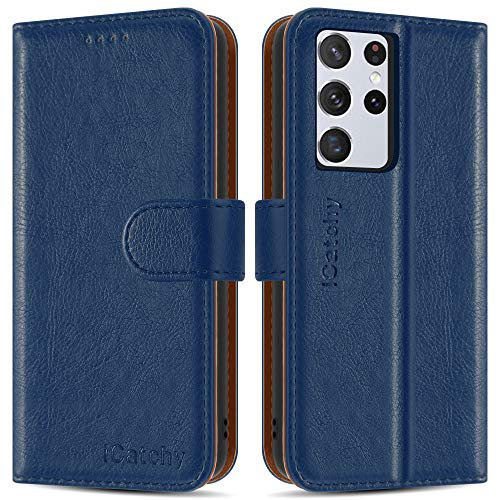 iCatchy for Samsung Galaxy S21 Ultra 5G Case Leather Wallet Flip Stand View Cover with Card Slots Compatible with Galaxy S21 Ultra 5G (6.8'') Phone Cover (Blue)