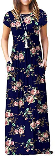 HAOMEILI Women's Casual Short/Long Sleeve Maxi Dress with Pockets Medium Rose Navy