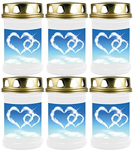 HS Candle Grabkerze Grablicht - 6er Pack - (Herz Wolke) - ca 40h Brenndauer je Kerze (14,5cm, Ø 7cm) - viele Verschiedene Designs