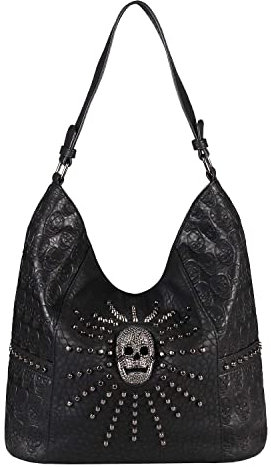 OBC Damen Totenkopf Tasche Skulls Shopper Nieten Schultertasche Handtasche Beuteltasche Umhängetasche Schädel Gothic Punk Bag Biker Studded Crossbody Leder Optik (Schwarz 42x34x17 cm)