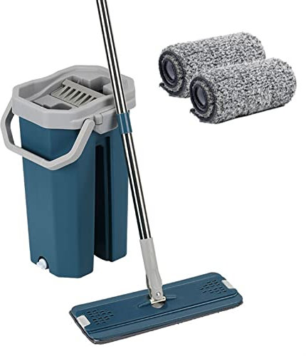Mopp Professionelle Mikrofaser- Mopp und Eimer- Set Handfrei for Hartholzfliesen- Laminat& Steinböden Reinigungskit Trocken- und nasses Reinigungswerkzeug Wischmop (Color : Blue)