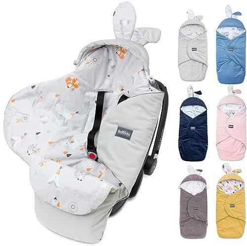 Premium Einschlagdecke Babyschale, Baby Erstausstattung aus Baumwolle für Autositz, Kuscheldecke für Kinderwagen mit Fußsack aus Baumwolle/Samt z.B. passend für Maxi-Cosi, Römer, Cybex Apanatschi Grey