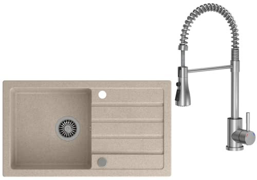 VBChome Spülbecken mit Armatur 77 x 44 cm Beige Spüle Einzelbecken Küche Einbauspüle Verbundspüle Küchenspüle gesprenkelt flächenbündig Siphon Waschbecken Armature Schwenkauslauf, Federauslauf