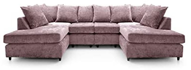 Abakus Direct Harriet U-Shaped Sofa - Pink Crushed Chenille - 2 Seater, 3 Seater U-Shaped Couch for Living Room - Footstool