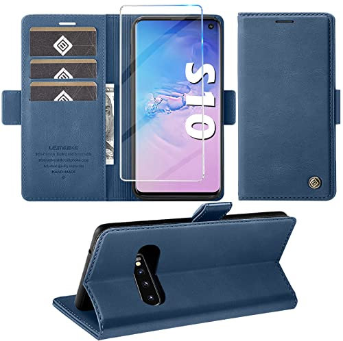 für Samsung Galaxy S10 Hülle mit Schutzfolie, Handyhülle Galaxy S10 Standfunktion Kartenfach Wallet Premium Leder Schutzhülle S10 Flip Case Cover Stoßfeste Klapphülle (Blau)