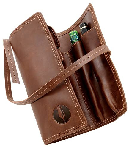 Leather Fountain Pen Case (Holds 6 Pens) - Handcrafted Fountain Pen Pouch w/Sturdy Strap & Fold Over Flap - Secured Wrap Leather Pouch with Two-Open End Pockets for Over-Sized or Extra-Long Pens