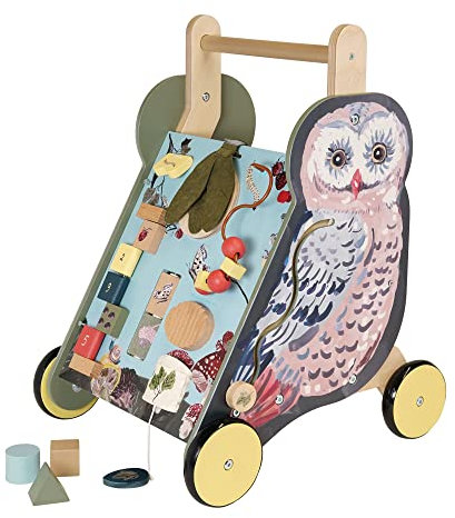 Manhattan Toy Wildwoods Owl Holzwagen mit Formsortierer und Korb, gezacktem Oval, Spinnern, Perlenlauf und mehr