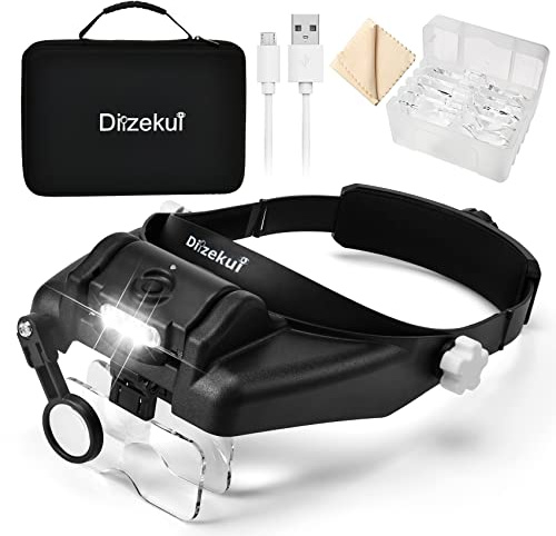 Dilzekui Magnifying Glass with Light 1X to 14X, Rechargeable Magnifying Glasses, Head Mount Manifying Glass, Headset Magnifier with Detachable Lens, Headband Magnifier for Close Work Jewelers Crafts