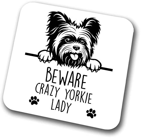 Yorkie Beware Crazy Yorkie Lady Coaster Pet Present Yorkshire Terrier Dog Mum Dad Friend Joke Funny Gift Birthday Christmas, Hardboard Coaster