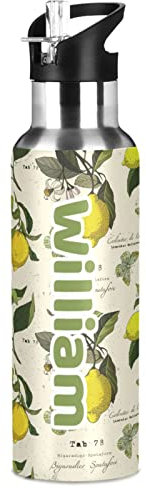 Lemon Tree Isolierflaschen mit Griff, 900 ml, personalisierbar, mit Strohhalmdeckel, Thermoflasche für Wandern, Camping, BAP-frei