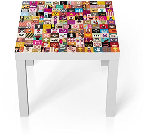 DEQORI Glastisch | weiß klein 55x55 cm | Motiv Miniaturillustrationen | ausgefallener Beistelltisch aus Glas | Hochglanz Couchtisch fürs Wohnzimmer | moderner Couch Tisch mit Design