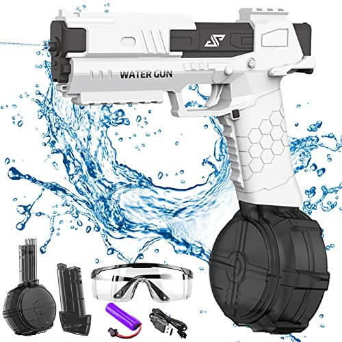 Shunfaji Pistola ad acqua elettrica, automatica, altamente impermeabile, due scomparti sostituibili, batteria ricaricabile tramite USB, per giochi d'acqua, estate, piscina, spiaggia (bianco)