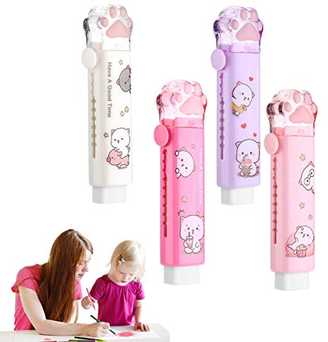 Borrador Retráctil,Gomas De Borrar Retráctiles,4 Piezas Borrador De Gato,Bonito Borrador Retráctil De Goma,Borradores De Goma Para Patas, Borrador De Goma De Empujar Y Tirar,Goma Retractil (4 Colores)