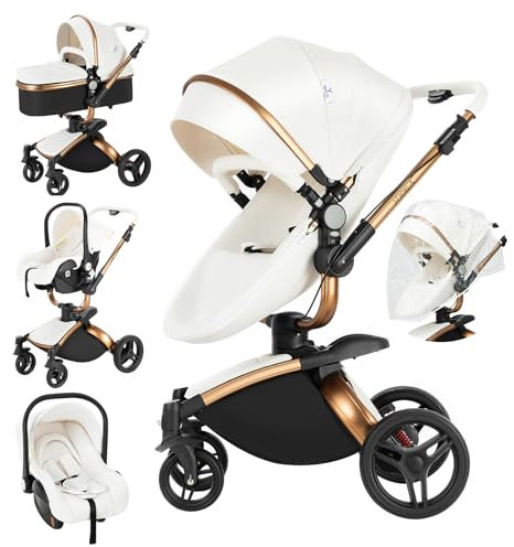 MoLi PU-Leder Kinderwagen 3 in 1, Kinderwagen Set mit 360° Drehbarem Cabrio-Sitz, Kombikinderwagen 3 in 1 Großer Bequemer Babywanne, Buggy Rahmen Aluminiumlegierung Faltbar Hohe Landschaft (906 White)