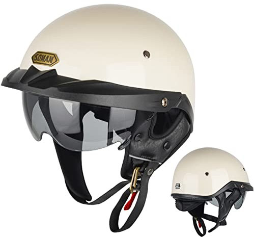 Casco Jet Vintage Demi Caschi Cromwell con Lente Solare a Discesa Visiera Motociclo Aperto Faccia Casco Jet Moto Scooter Omologato ECE Casco Scodella per Uomini E Donne, Bianco-S(55~56cm)