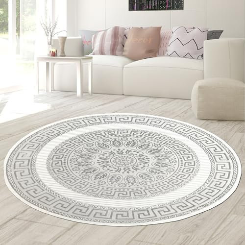 Teppich-Traum Wohnzimmer Schlafzimmer Teppich Kurzflor Designerteppich modern edel elegant glänzend Creme grau Durchmesser 160 cm Rund