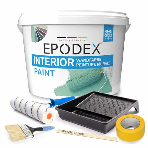 EPODEX® INTERIOR PAINT | Innenwandfarbe | Wandfarbe | + Zubehörset | Trendfarben Polar Weiß Bunt Farbig | Spritzfrei Strapazierfähig Geruchsarm Hohe Deckkraft