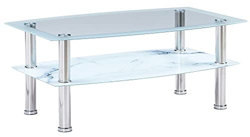 RAUGAJ Couchtisch mit Marmor-Optik, weiß, 100 x 60 x 42 cm, gehärtetes Glas, Artikelmaterial: gehärtetes Glas + Edelstahl