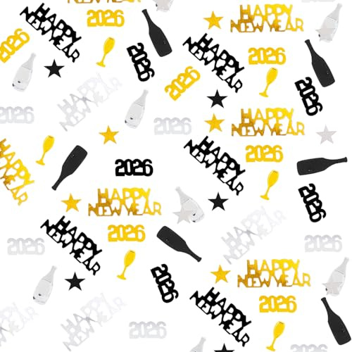 ePicsoa 2024 Happy New Year Konfetti Dekorationen, Schwarz Gold Silber Tischkonfetti 2024 Happy New Year Stern Weinglas Folie Metallic Konfetti für Silvester Party Geburtstag Hochzeit Tischdekoration