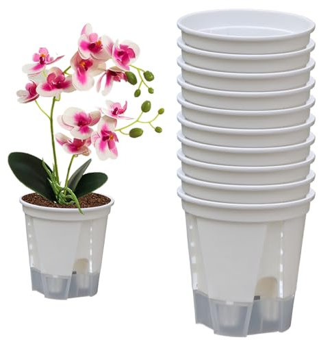 Selbstbewässerungstopf atmungsable Orchideen -Topf -Selbstbewässerungsplanter mit Entwässerungsloch 5,5 -Zoll -nachfüllbare Selbstbewässerung ntöpfe weiß + transparent 10pcs