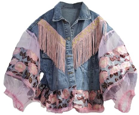 Vsadsau Patchwork Tassel Denim Jacket Women Hollow Out Mesh Puff Sleeve Outerwear Short Jean Jacket Blue M