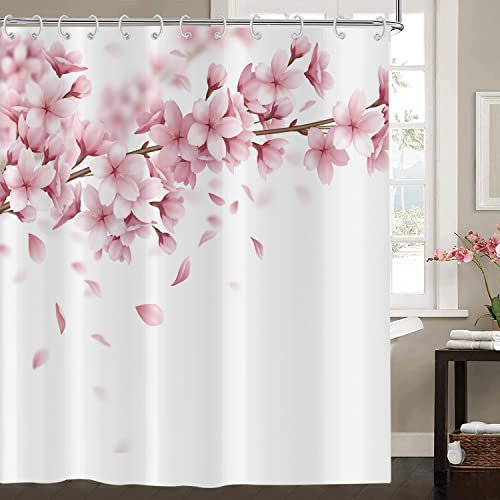 Hnmdmyi Rideau de douche, motif fleurs de cerisier, 120 x 200 cm, style japonais, asiatique, art sakura, imperméable, tissu polyester, lavable, pour salle de bain, avec crochets