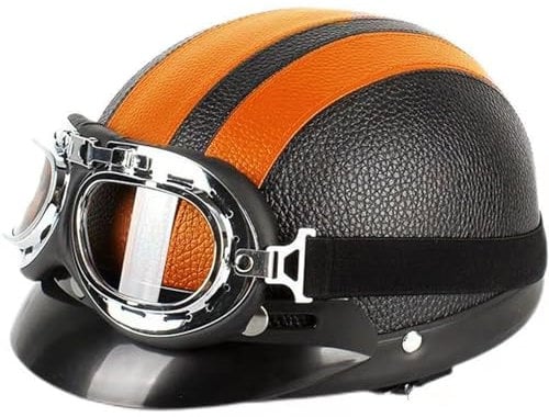 Retro Helm Motorradhelm Jethelme Leder Vintage Mopedhelm Mit Brille ECE Zertifiziert Motorradkreuzer-Rollerhelm Halbhelme Halbschalenhelm Motorrad Cruiser Helm Für Männer Und Frauen F,54-62CM