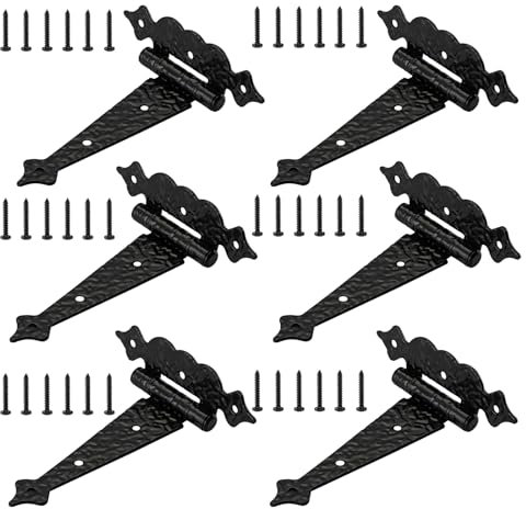WellMade Black Gate Hinges,6 in Decorative Hammered Steel T Hinges,Outdoor Tee Hinges for Shed Storage Fence Barns Doors (6 Pack)