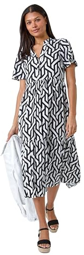 Roman Shirt Dress for Women UK Ladies Short Sleeve Sleeveless Belted Collared Midi Maxi Summer Spring Smart Casual Button Evening Office A Line Swing Skater - Black & Ivory - Size 14