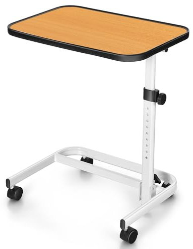 COSTWAY Betttisch auf Rollen, höhenverstellbarer Pflegetisch mit in Mehreren Winkeln neigbarer Platte, Krankentisch, Beistelltisch für Kranken- und Pflegebetten, 60,5 x 40 x 73-93 cm, Natur