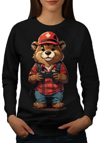 Wellcoda Niedlich Biber Spieler mit Joystick Und kanadisch Hut Frau Sweatshirt Schwarz 2XL