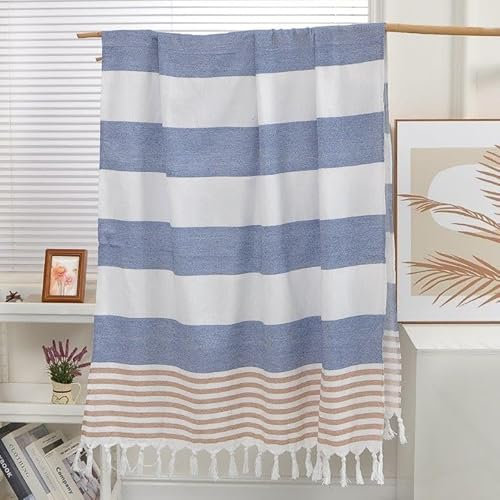 FEBE Strandtuch Badetuch Blau und Braun 180x80 cm Baumwolle Ultraleicht mit Handgeknüpften Hamamtuch Saunatuch Picknickdecke Towel