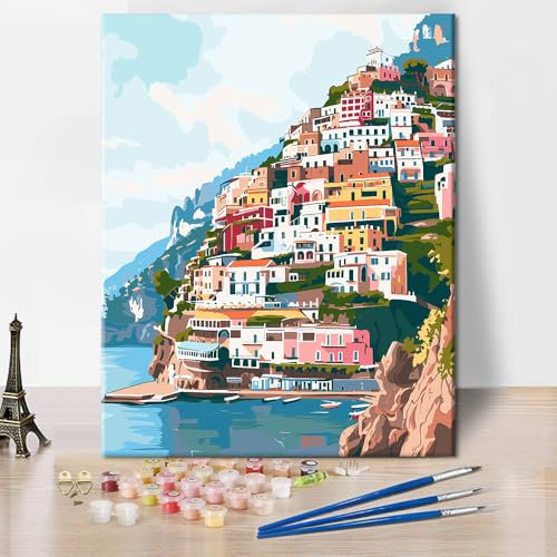 Amalfi - Kit de peinture par numéros - Paysage - Pour adultes modernes - Bricolage - Italie - Ville côtière - 40,6 x 50,8 cm - Peinture par numéros - Pour hommes et femmes - Décoration murale