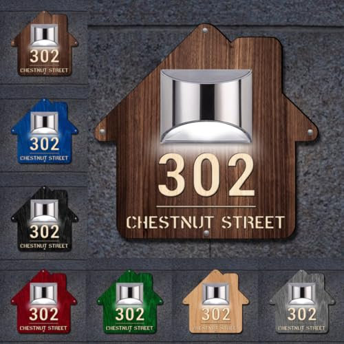 Letrero de madera personalizado para casa con luz solar, número de puerta, placa de dirección, números de casa personalizados para exteriores, nombre de calle, letreros modernos para casa, oficina,