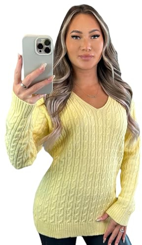Stylish Doll Long Sleeve V-Neck Knitted Cable Women's Jumper Knitted Sweater Pull Over Jumper Top Knit Warm Winter Everday Chunky Casual Pullover Ladies Plain Tops UK (Yellow, 16-18)