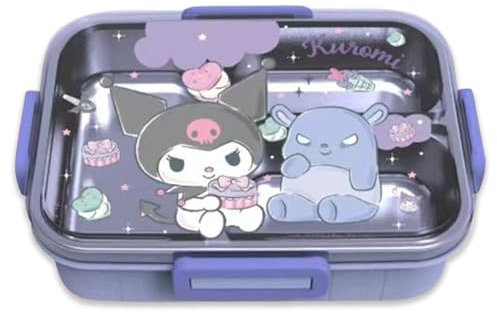 Roffatide Kuromi Impresión de una caja de almuerzo integrada kawaii caja de almuerzo con cerradura de 4 puntos para bocadillos de alimentos y frutas