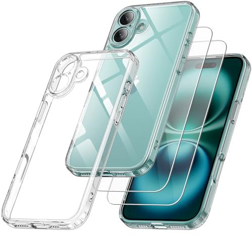 Qasyfanc Camera Cover Case Compatible with iPhone 16 Plus 6.7 with 2 Pack Tempered Glass Screen Protector, Non-Yellowing Shockproof Phone Bumper Cover, Hard PC Anti-Scratch Case Clear