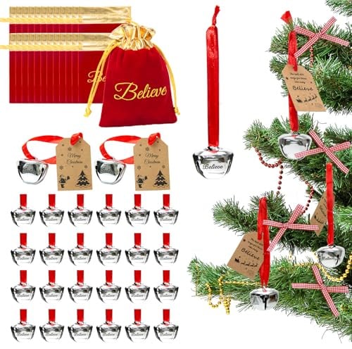 Tldcdte 24 Sets Weihnachtsglocken Polar Express Glocken Silber Eisen hängende Ornamente mit rotgoldfarbenen Samtbeuteln, Geschenkanhänger, Geschenke für Kinder und Erwachsene