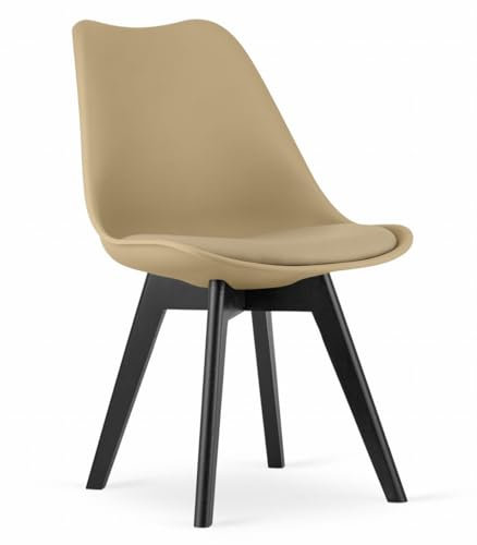 NMK HOME Esszimmerstuhl - Samt Küchenstuhl mit Sitzpolsterung und Natürlichen Holzbeinen - Dunkelbeige Kunststoff Stuhl mit Holzgestell