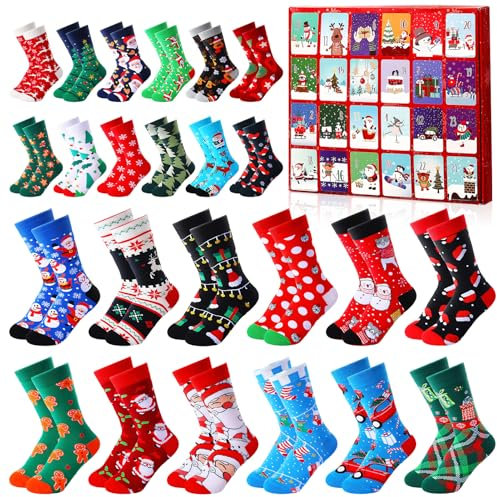 Socken Adventskalender 2024, 24 Paare Weihnachtssocken für Männer Frauen Sockenkalender 2024 Erwachsene Weihnachten Socken Füllung für Weihnachtskalender für Teenager Jungen Mädchen (A)