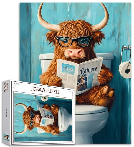 1000 Stück Puzzles für Erwachsene Hochland Kuh Toilettensitz Puzzles Wildlife Toilette Zeitungspuzzle Herausfordernde Familie Aktivität Spiele Buntes DIY Handwerk Puzzle für Home Decor Geschenke