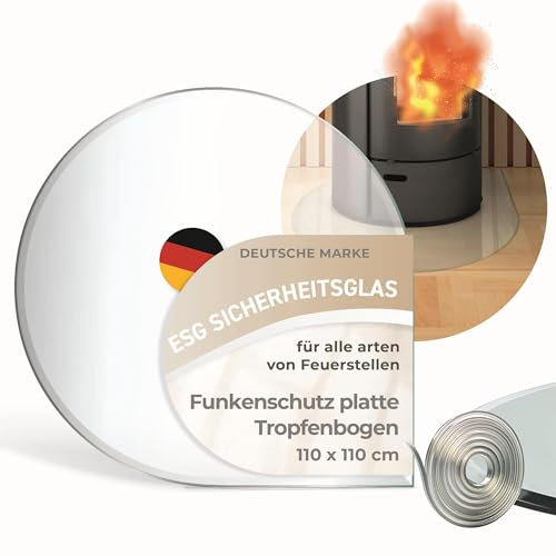 Funkenschutzplatte Glas Tropfenform 110x110cm – Glasplatte für Kaminofen - Kaminglas Tropfenbogen mit Dichtlippe - 8mm ESG Kamin Glasplatte mit Facettenschliff – Kaminschutz Feuerplatte für Kaminofen