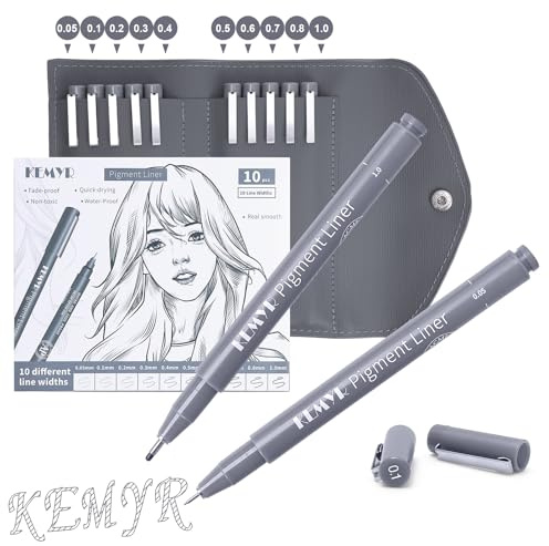 KEMYR Fineliner Set, 10 Pigmentliner mit Aufbewahrungstasche,Grau | Wasserfeste Pigmenttinte, Dokumentenecht, für Manga, Comic, Illustration, technisches Zeichnen & Kalligraphie