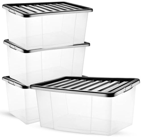 PDS 1x 50 Litre Storage Box with Lid- Clear Plastic Storage Box with Black Lid - Clear Plastic Container Boxes Use for Home, Kitchen - Multipurpose Plastic Box Ideal For Multipurpose Stora (1)