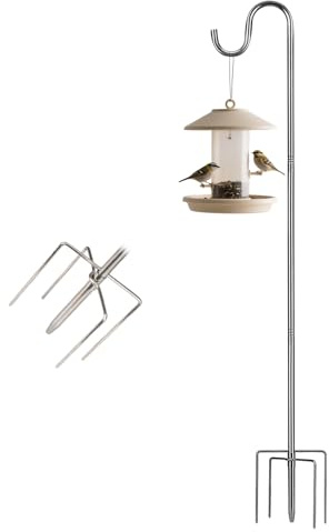 Schäferhaken Garten, Vogelfutterspender Stange 5 Zinken, Silber, 234 cm | Hirtenhaken Edelstahl höhenverstellbar, Ø 16 mm, für Vogelhäuser, Laternen, Pflanzenampeln und Gartendeko