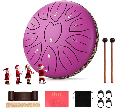 Steel Tongue Drum, Ovshnrr 6 Inch 11 Notes Tongue Drum, C Key & Rust-Proof Handpan Percussion, Leaf Pattern Handpan Garden with Bag and Percussion Instruments for Music Therapy(Purple)