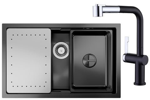 CECIPA Lavello da cucina nero (antracite) con rubinetto da cucina, allungabile, nero, cromato, 70 x 44 cm, con sifone, lavello con lavandino interno di ricambio e tagliere, lavello da cucina con