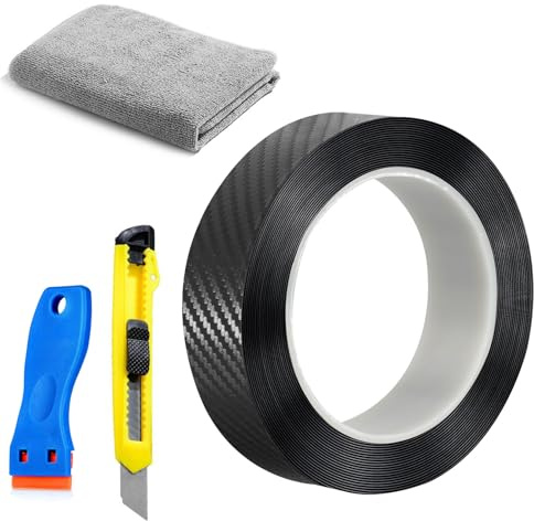Carbon Folie Auto, 3 cm x 10 m Auto Schutzfolie Einstiegsleisten Schutzfolie, Selbstklebende Ladekantenschutz Folie für Türkanten Trittleisten Stoßstangenschutz Lackschutz schwarz, + Montagewerkzeug